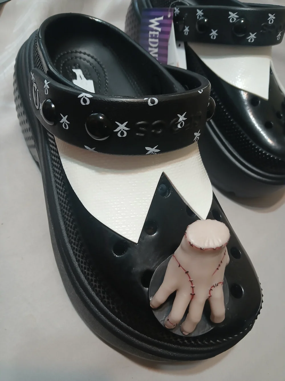 CROCS Black and White Platform Mary Jane Clogs with Detachable Hand Charm